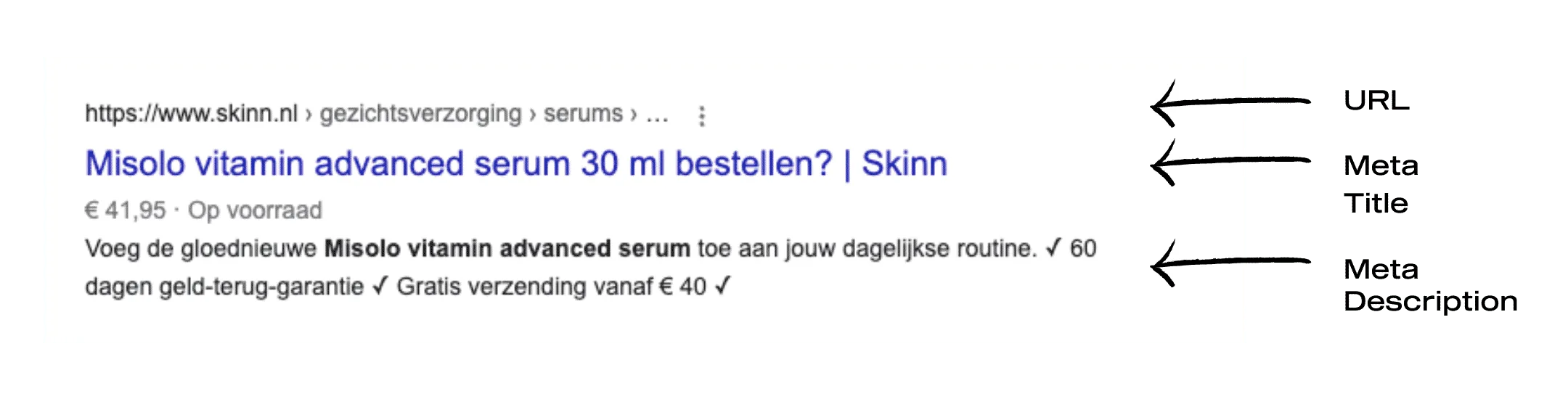 Google screenshot van url, meta title en meta description