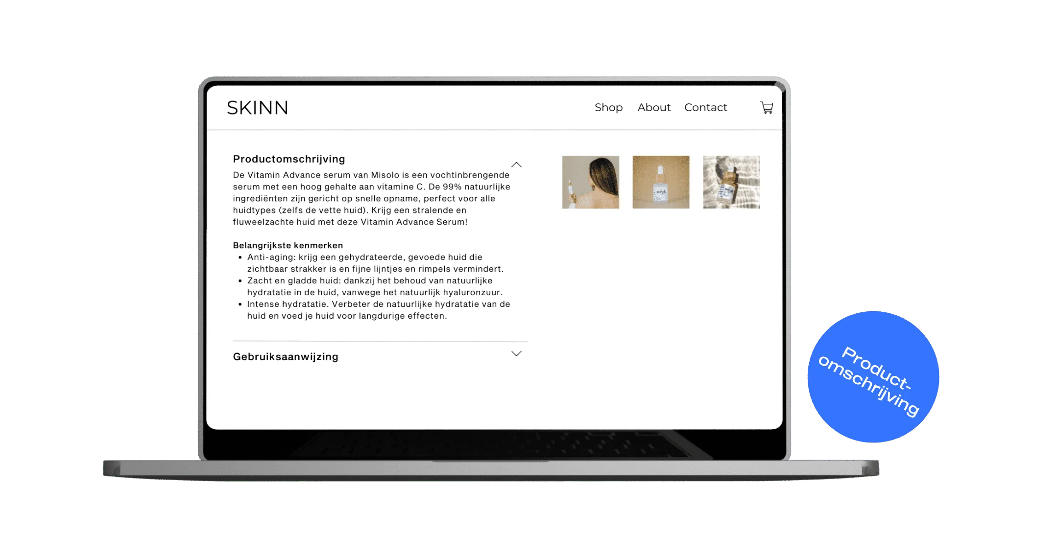 Laptop met Skinns website op pagina productomschrijving