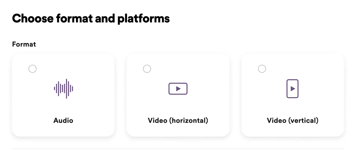 De formatten en platforms waar je uit kan kiezen. Audio, Video horizontal, video vertical