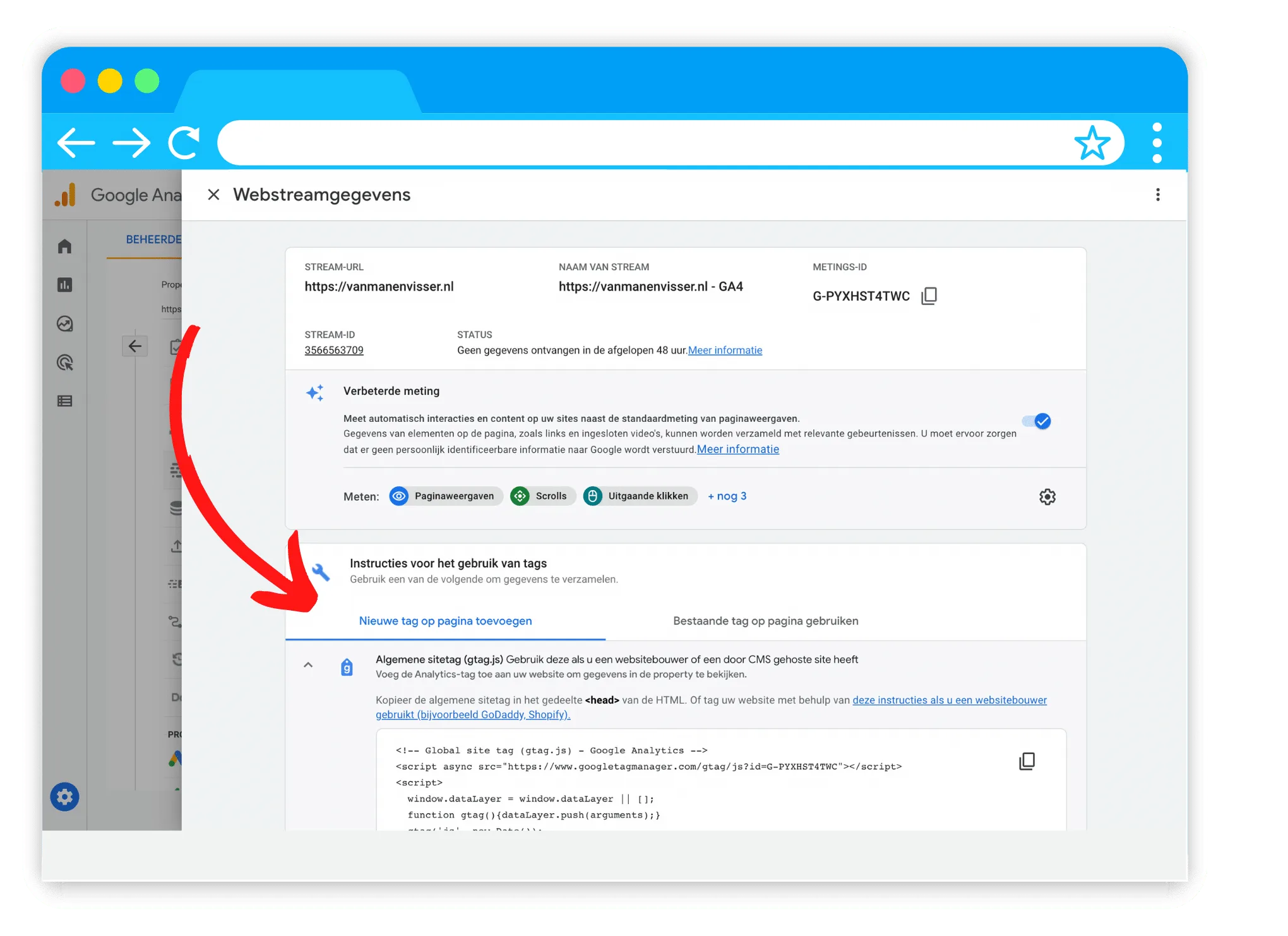Google Analytics 4 pagina instructie voor het gebruik van tags