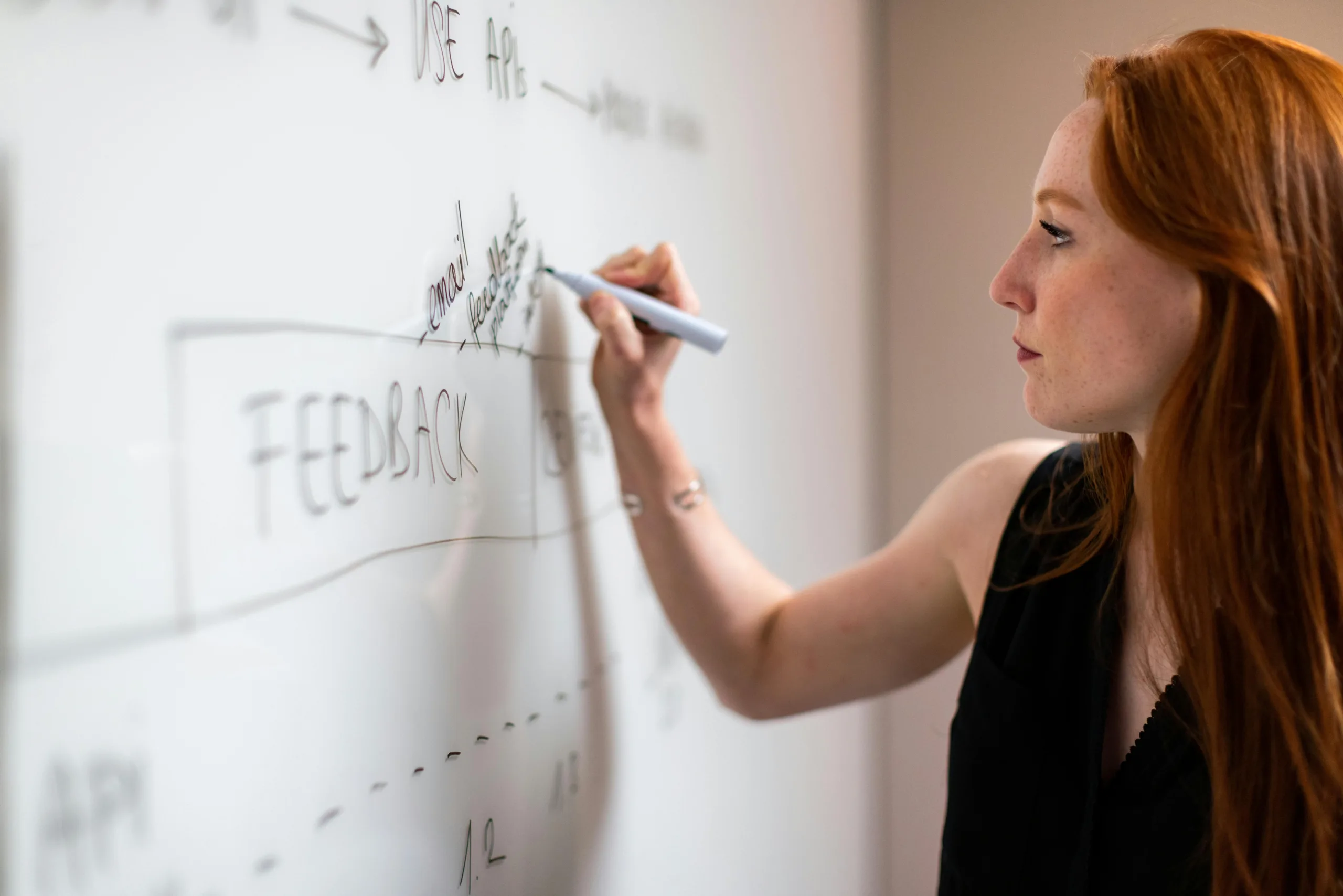 Vrouw schrijft op een whiteboard