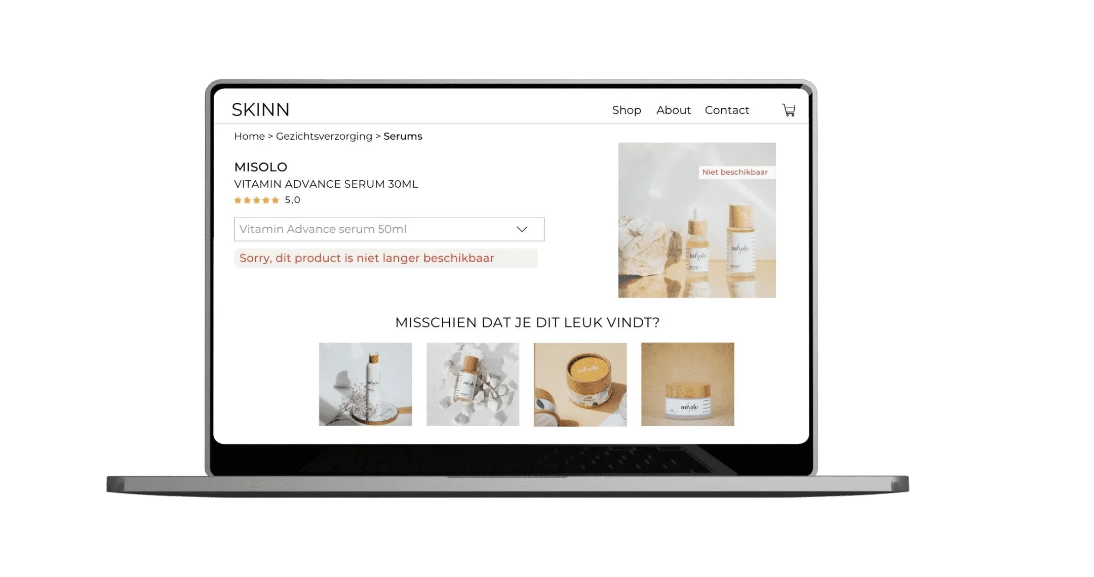 Laptop met pagina van Skinn dat product niet beschikbaar is