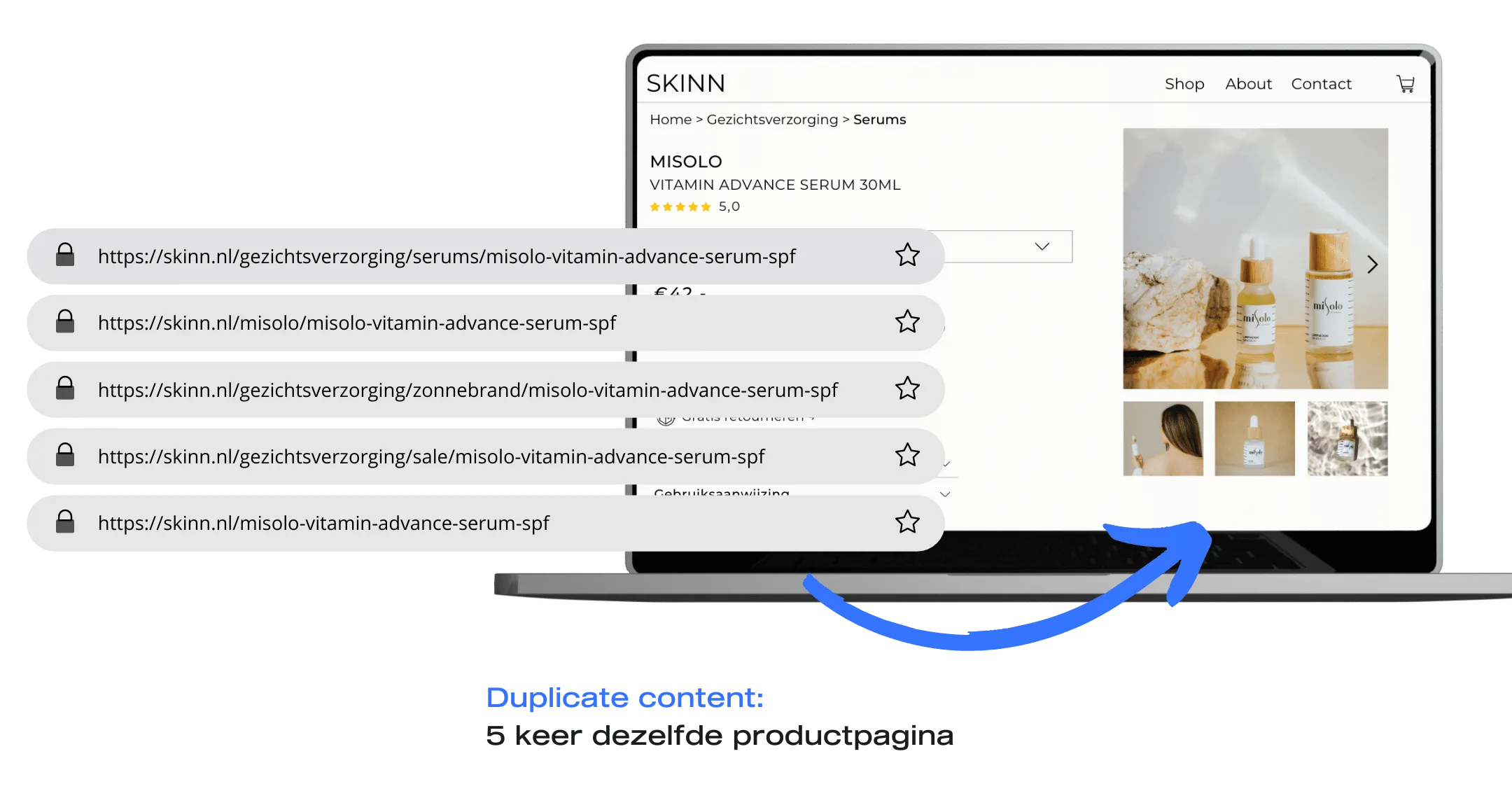 Laptop met Skinn website die open staat. laat zien dat er pagina's zijn met dezelfde content