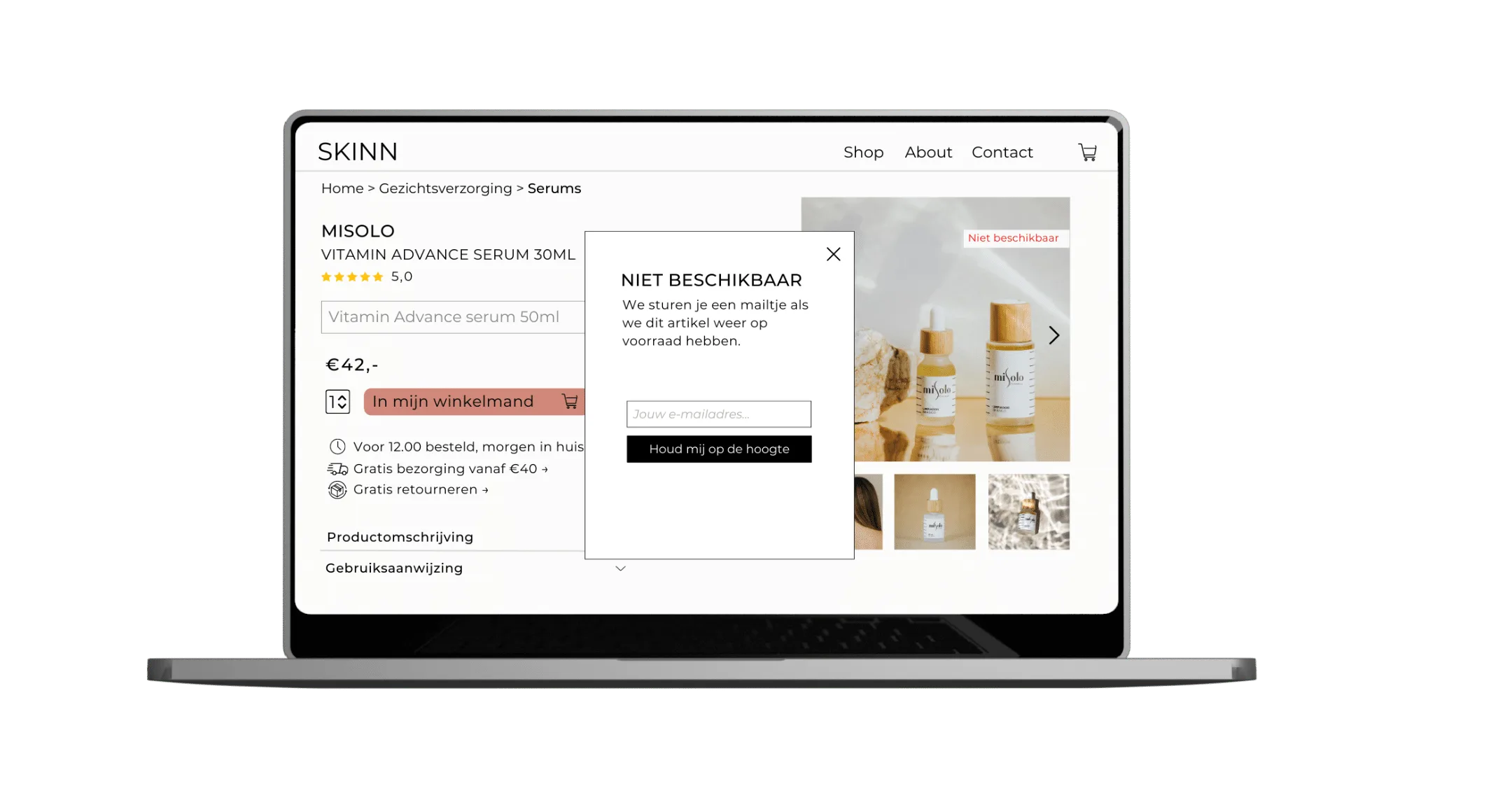 Laptop met Skinn website geopend dat artikel niet op voorraad is