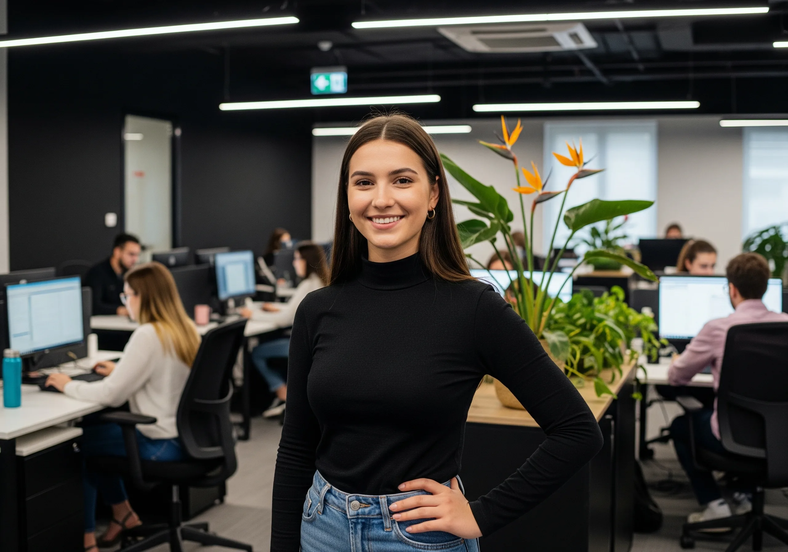 Vrouwelijke collega staat voor werkende collegas op kantoor